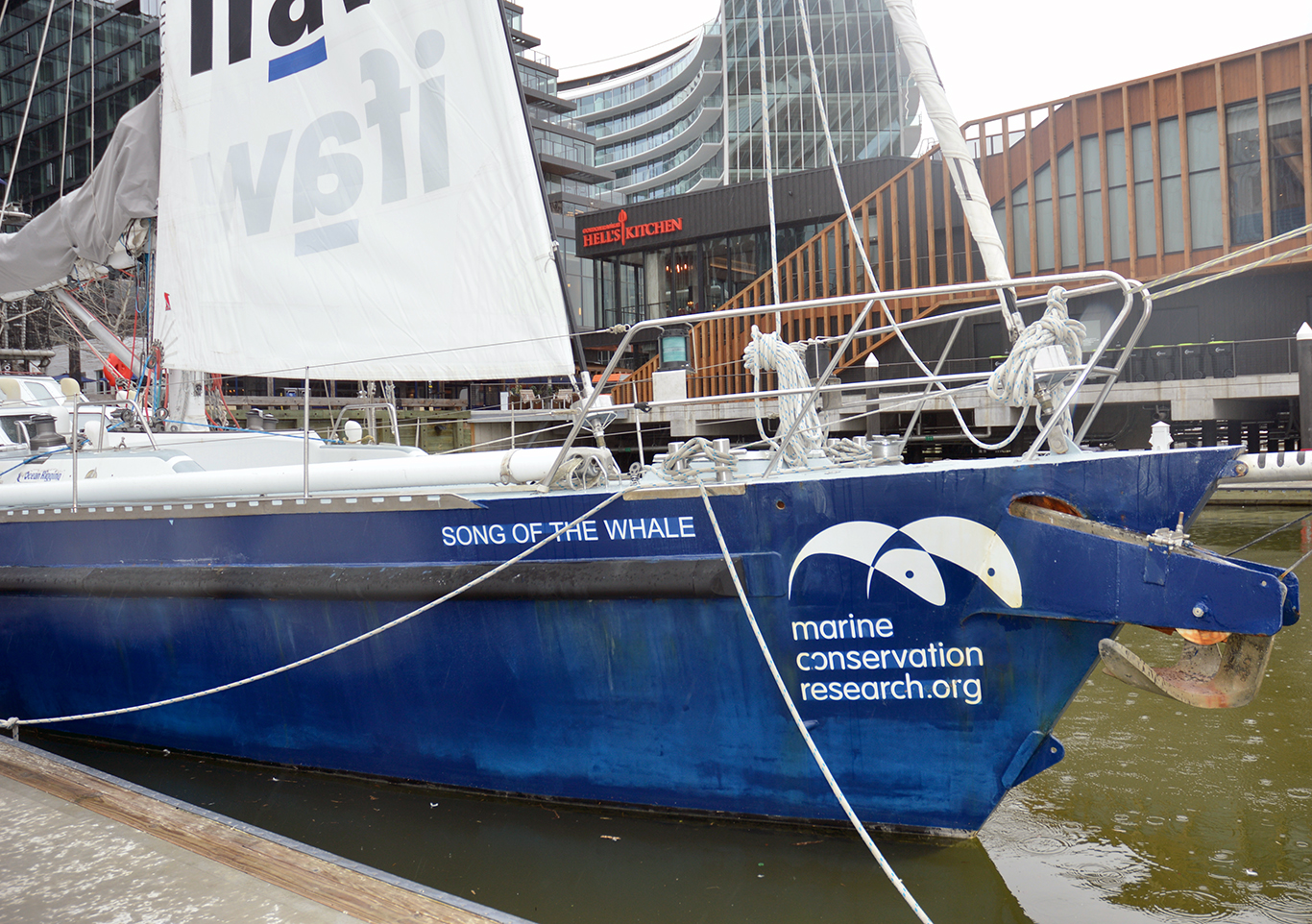 The Song of the Whale sailboat and floating research station docked in Washington, D.C., in late February.