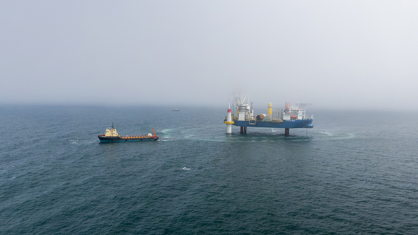 Foundation installation on the the Coastal Virginia Offshore Wind pilot project.